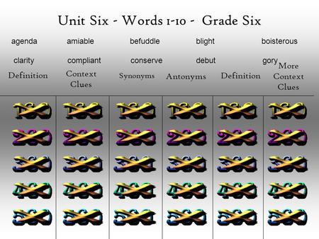 Unit Six - Words 1-10 - Grade Six Definition Context Clues Synonyms Antonyms Definition More Context Clues agenda amiable befuddle blight boisterous clarity.