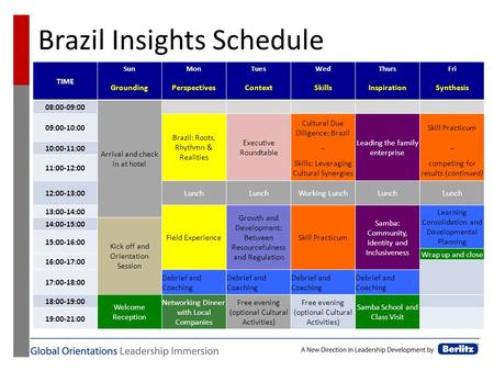 Brazil Insights Schedule TIME SunMonTuesWedThursFri GroundingPerspectivesContextSkillsInspirationSynthesis 08:00-09:00 Arrival and check in at hotel 09:00-10:00.