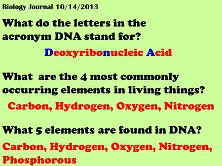 Biology Journal 10/14/2013 What do the letters in the acronym DNA stand for? What 5 elements are found in DNA? Deoxyribonucleic Acid Carbon, Hydrogen,