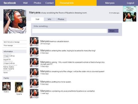 Facebook Manyara is busy scrubbing the floors of Nyasha’s dressing room. 3 minutes ago. WallPhotosContactPersonal InfoManyaraLogout Send Manyara a message.