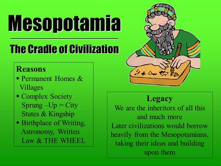 Mesopotamia ________________ The Cradle of Civilization Reasons  Permanent Homes & Villages  Complex Society Sprung –Up = City States & Kingship  Birthplace.