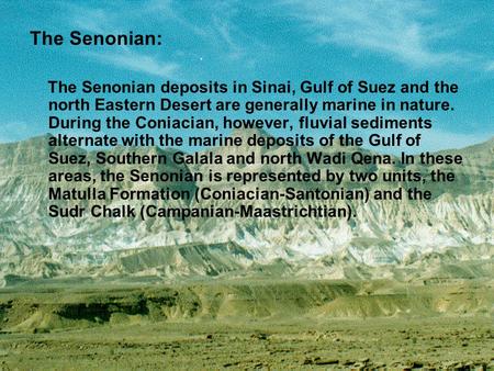 The Senonian: The Senonian deposits in Sinai, Gulf of Suez and the north Eastern Desert are generally marine in nature. During the Coniacian, however,