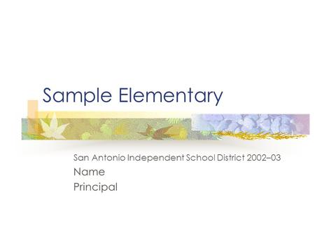 Sample Elementary San Antonio Independent School District 2002–03 Name Principal.