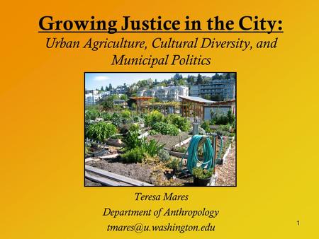 1 Growing Justice in the City: Urban Agriculture, Cultural Diversity, and Municipal Politics Teresa Mares Department of Anthropology