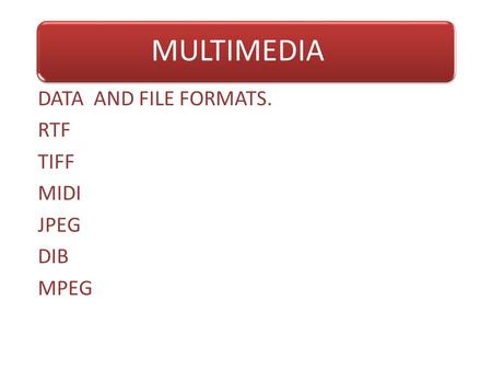 DATA AND FILE FORMATS. RTF TIFF MIDI JPEG DIB MPEG