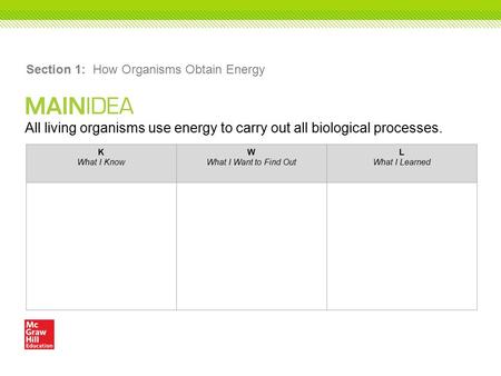 All living organisms use energy to carry out all biological processes. Section 1: How Organisms Obtain Energy K What I Know W What I Want to Find Out L.