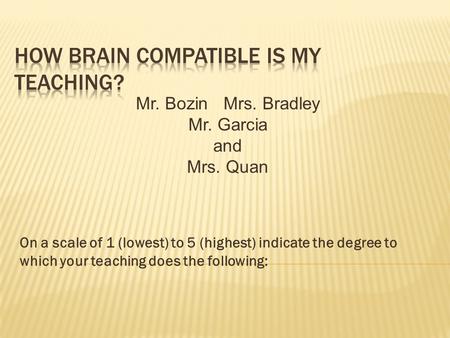 On a scale of 1 (lowest) to 5 (highest) indicate the degree to which your teaching does the following: Mr. Bozin Mrs. Bradley Mr. Garcia and Mrs. Quan.