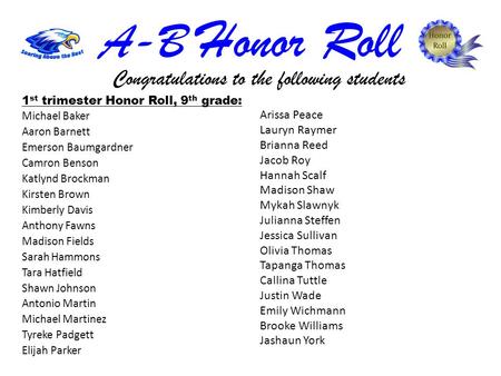 A-B Honor Roll 1 st trimester Honor Roll, 9 th grade: Michael Baker Aaron Barnett Emerson Baumgardner Camron Benson Katlynd Brockman Kirsten Brown Kimberly.