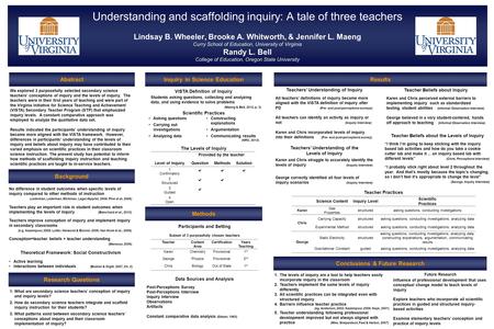 Understanding and scaffolding inquiry: A tale of three teachers Lindsay B. Wheeler, Brooke A. Whitworth, & Jennifer L. Maeng Curry School of Education,