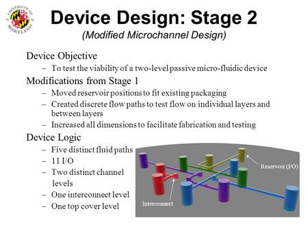 Device Design: Stage 2 (Modified Microchannel Design) Device Objective –To test the viability of a two-level passive micro-fluidic device Modifications.