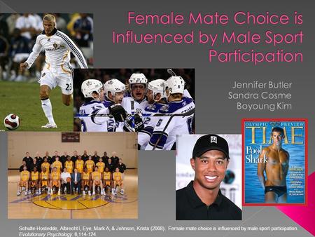 Schulte-Hostedde, Albrecht I, Eye, Mark A, & Johnson, Krista (2008). Female mate choice is influenced by male sport participation. Evolutionary Psychology.