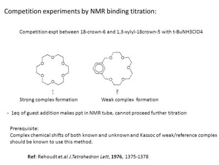 Competition expt between 18-crown-6 and 1,3-xylyl-18crown-5 with t-BuNH3ClO4 Weak complex formation Strong complex formation - 1eq of guest addition makes.