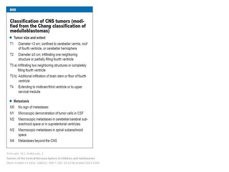 Frühwald, M C; Rutkowski, S Tumors of the Central Nervous System in Children and Adolescents Dtsch Arztebl Int 2011; 108(22): 390-7; DOI: 10.3238/arztebl.2011.0390.