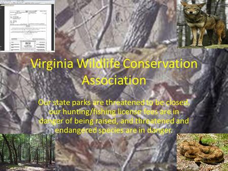 Virginia Wildlife Conservation Association Our state parks are threatened to be closed, our hunting/fishing license fees are in danger of being raised,