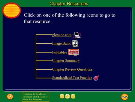 To return to the chapter summary click Escape or close this document. Chapter Resources Click on one of the following icons to go to that resource. glencoe.com.