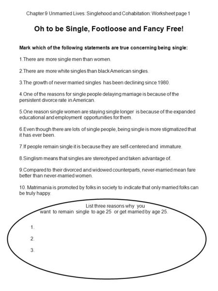 Chapter 9 Unmarried Lives: Singlehood and Cohabitation: Worksheet page 1 Oh to be Single, Footloose and Fancy Free! Mark which of the following statements.