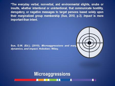 Microaggressions *The everyday verbal, nonverbal, and environmental slights, snubs or insults, whether intentional or unintentional, that communicate hostility,