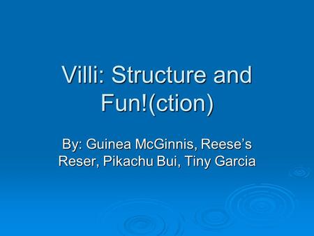 Villi: Structure and Fun!(ction) By: Guinea McGinnis, Reese’s Reser, Pikachu Bui, Tiny Garcia.