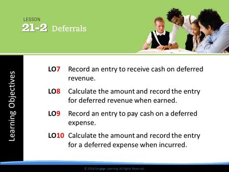 © 2014 Cengage Learning. All Rights Reserved. Learning Objectives © 2014 Cengage Learning. All Rights Reserved. LO7 Record an entry to receive cash on.