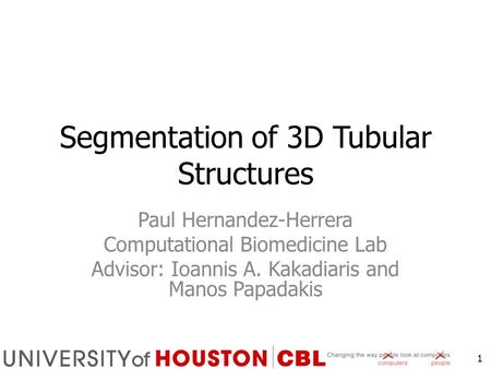 Segmentation of 3D Tubular Structures Paul Hernandez-Herrera Computational Biomedicine Lab Advisor: Ioannis A. Kakadiaris and Manos Papadakis 1.