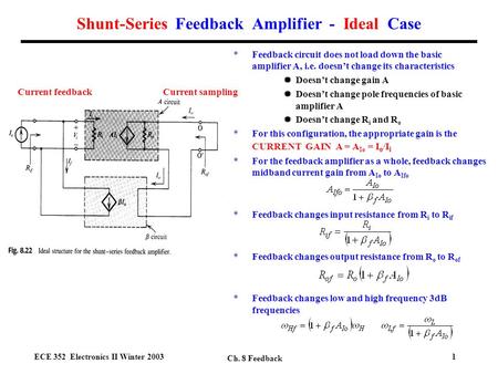 ECE 352 Electronics II Winter 2003 Ch. 8 Feedback 1 *Feedback circuit does not load down the basic amplifier A, i.e. doesn’t change its characteristics.