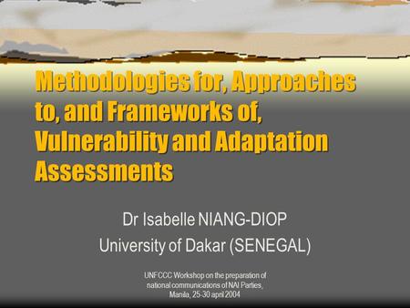 UNFCCC Workshop on the preparation of national communications of NAI Parties, Manila, 25-30 april 2004 Methodologies for, Approaches to, and Frameworks.