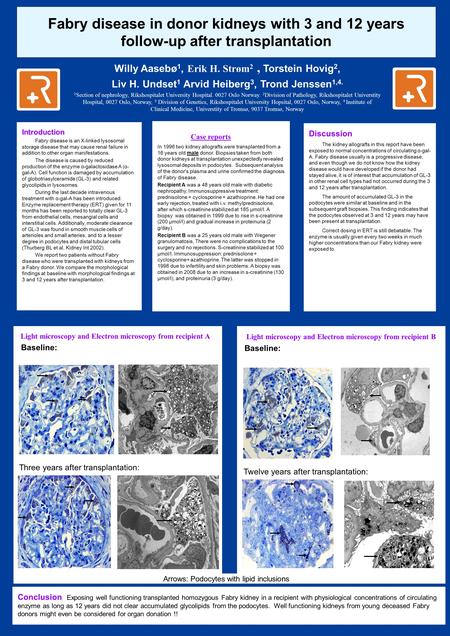 Fabry disease in donor kidneys with 3 and 12 years follow-up after transplantation Willy Aasebø 1, Erik H. Strøm 2, Torstein Hovig 2, Liv H. Undset 1 Arvid.