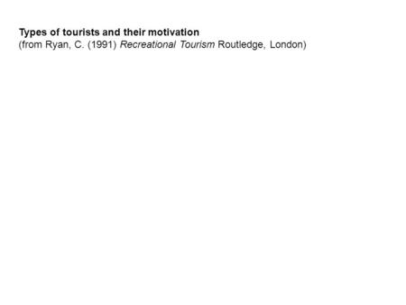 Types of tourists and their motivation (from Ryan, C. (1991) Recreational Tourism Routledge, London)