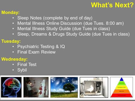 What’s Next? Monday: Sleep Notes (complete by end of day) Mental Illness Online Discussion (due Tues. 8:00 am) Mental Illness Study Guide (due Tues in.