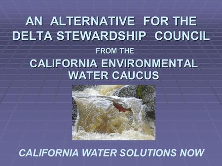 AN ALTERNATIVE FOR THE DELTA STEWARDSHIP COUNCIL FROM THE FROM THE CALIFORNIA ENVIRONMENTAL WATER CAUCUS CALIFORNIA WATER SOLUTIONS NOW.