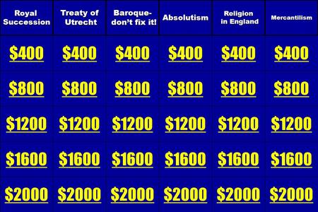 RoyalSuccession $400 $800 $1200 $1600 $2000 Treaty of Utrecht Utrecht $400 $800 $1200 $1600 $2000Baroque- don’t fix it! don’t fix it! $400 $800 $1200 $1600.