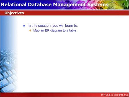 In this session, you will learn to: Map an ER diagram to a table Objectives.