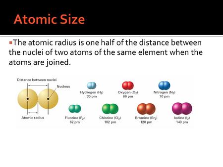 Atomic Size The atomic radius is one half of the distance between the nuclei of two atoms of the same element when the atoms are joined.