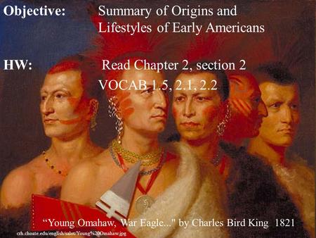 Objective: Summary of Origins and Lifestyles of Early Americans HW: Read Chapter.