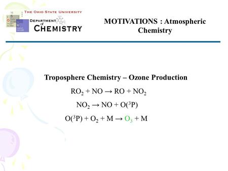 MOTIVATIONS : Atmospheric Chemistry Troposphere Chemistry – Ozone Production RO 2 + NO → RO + NO 2 NO 2 → NO + O( 3 P) O( 3 P) + O 2 + M → O 3 + M.