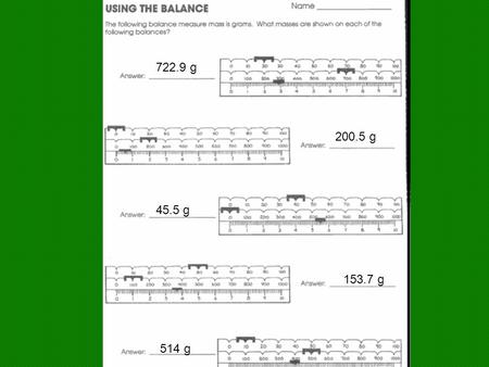 722.9 g 200.5 g 45.5 g 153.7 g 514 g. d. Bunsen burner e. test tube i. tongs b. graduated cylinder a. beaker h. Erlenmeyer flask j. ring stand g. funnel.