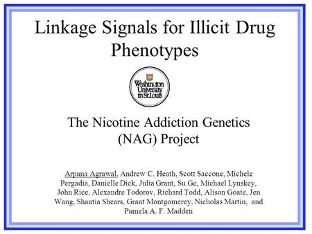 Linkage Signals for Illicit Drug Phenotypes The Nicotine Addiction Genetics (NAG) Project Arpana Agrawal, Andrew C. Heath, Scott Saccone, Michele Pergadia,