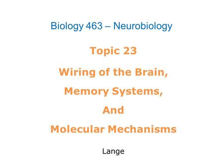 Topic 23 Wiring of the Brain, Memory Systems, And Molecular Mechanisms Lange Biology 463 – Neurobiology.