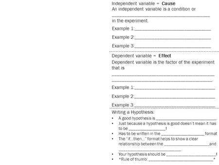 Independent variable = Cause Writing a Hypothesis: Dependent variable = Effect An independent variable is a condition or ________________________________________.