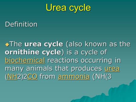 Urea cycle Definition  The urea cycle (also known as the ornithine cycle) is a cycle of biochemical reactions occurring in many animals that produces.