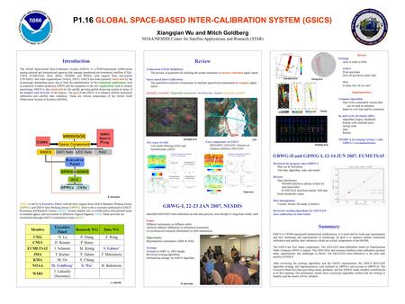 Xiangqian Wu and Mitch Goldberg NOAA/NESDIS Center for Satellite Applications and Research (STAR) P1.16 GLOBAL SPACE-BASED INTER-CALIBRATION SYSTEM (GSICS)