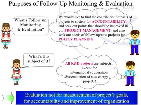 Purposes of Follow-Up Monitoring & Evaluation Evaluation not for measurement of project’s goals, for accountability and improvement of organization What’s.