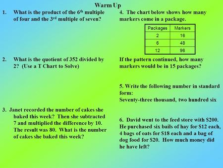 1.What is the product of the 6 th multiple of four and the 3 rd multiple of seven? 2.What is the quotient of 352 divided by 2? (Use a T Chart to Solve)