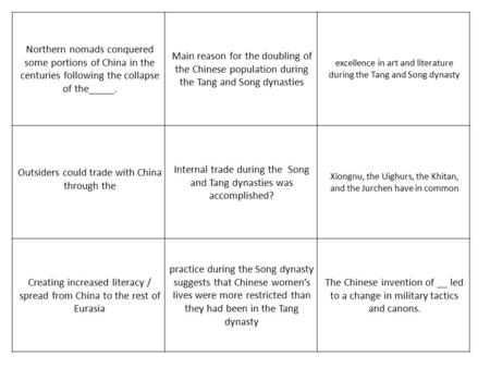 Northern nomads conquered some portions of China in the centuries following the collapse of the_____. Main reason for the doubling of the Chinese population.