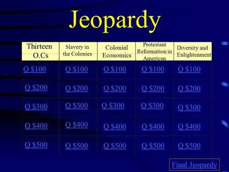 Jeopardy Thirteen O.Cs Slavery in the Colonies Protestant Reformation in American Diversity and Enlightenment Q $100 Q $200 Q $300 Q $400 Q $500 Q $100.