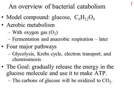 1 An overview of bacterial catabolism Model compound: glucose, C 6 H 12 O 6 Aerobic metabolism –With oxygen gas (O 2 ) –Fermentation and anaerobic respiration.