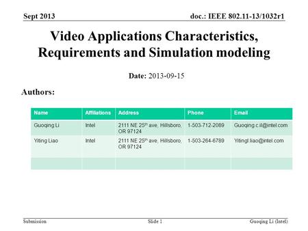 Doc.: IEEE 802.11-13/1032r1 Submission Sept 2013 Guoqing Li (Intel)Slide 1 Video Applications Characteristics, Requirements and Simulation modeling Date: