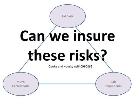 Fat Tails Tail Dependence Micro Correlations Can we insure these risks? Cooke and Kousky nsf# 0960865.