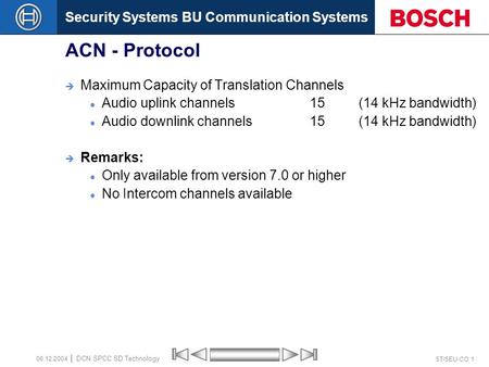 Security Systems BU Communication Systems ST/SEU-CO 1 DCN SPCC SD Technology 08.12.2004 ACN - Protocol  Maximum Capacity of Translation Channels Audio.