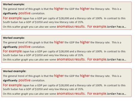 Worked example: The general trend of this graph is that the higher the GDP the higher the literacy rate. This is a significantly positive correlation.